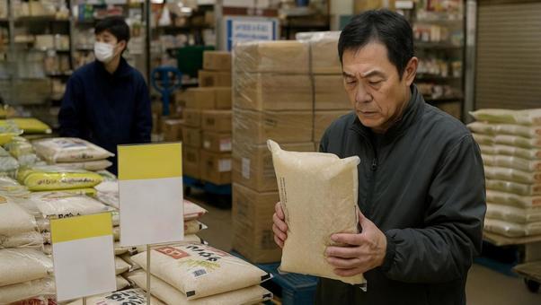 店頭で米の価格や品質を慎重に確認する男性 店頭で米の価格や品質を慎重に確認する男性の写真