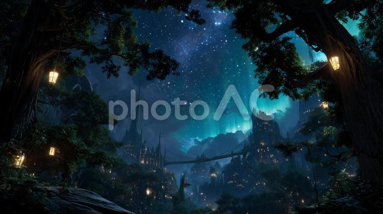 木々の間の月明かりに照らされたエルフの街 ファンタジー,異世界,夜景の写真素材
