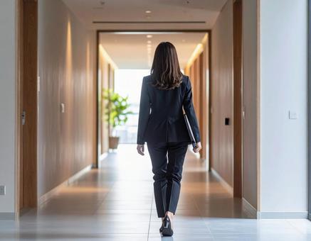 オフィスの廊下を歩く女性の写真