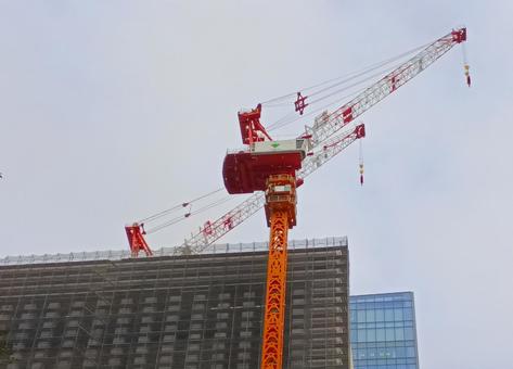 曇天に佇むタワークレーン② 建物,タワークレーン,クレーンの写真素材
