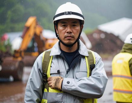 災害派遣・土砂災害に立ち向かう現場責任者の写真