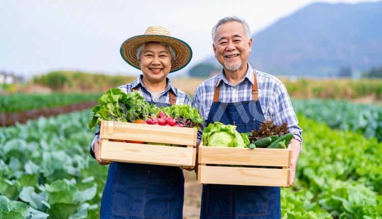 野菜畑で野菜を抱えるシニア夫婦 おじいさん,おばあさん,カップルの写真素材