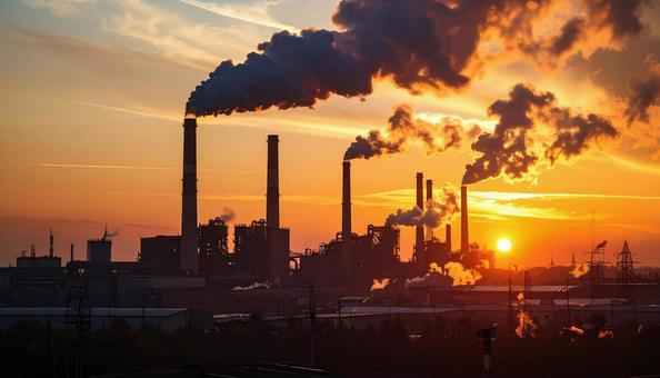 夕焼けの工場の写真