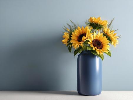 青い花瓶に活けた明るいひまわりの花束 青い花瓶に活けた明るいひまわりの花束の写真