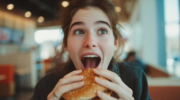 大きな口を開けてハンバーガーを食べる女性 大きな口を開けてハンバーガーを食べる女性の写真