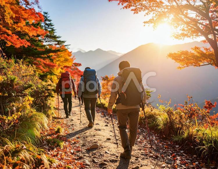 朝日が差し込む登山道を歩く登山グループ 登山,登山道,登山グループの写真素材