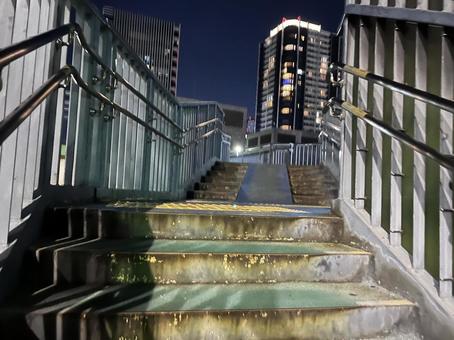Pedestrian bridge landing at night, JPG