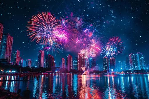 夏の夜を彩る都会の花火大会 夏の夜を彩る都会の花火大会の写真