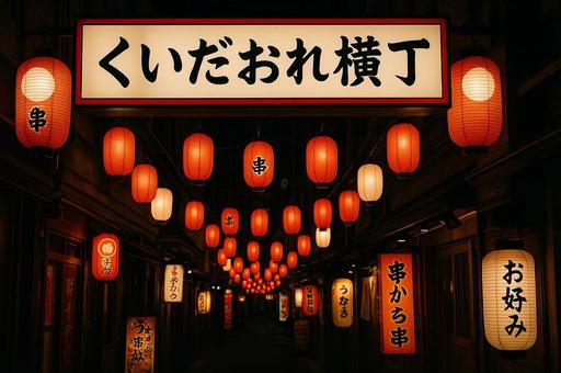 くいだおれ横丁の夜景と提灯・居酒屋街 くいだおれ横丁の夜景と提灯・居酒屋街の写真