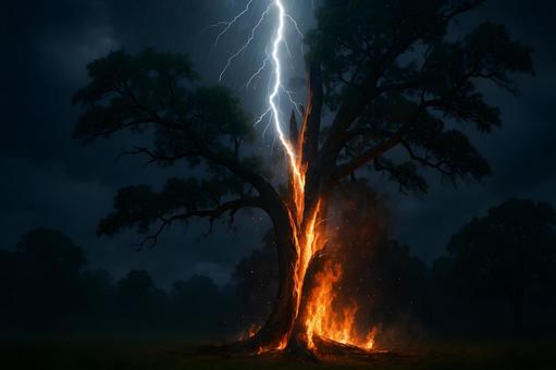 落雷で燃える樹 落雷で燃える樹の写真