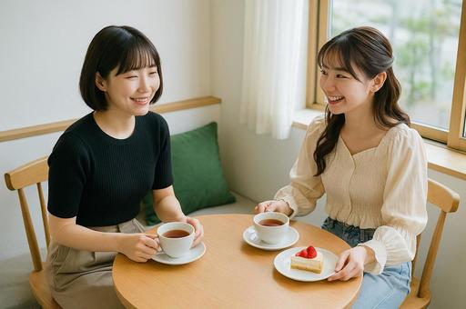窓際でおしゃべりする女性2人 窓際でおしゃべりする女性2人の写真