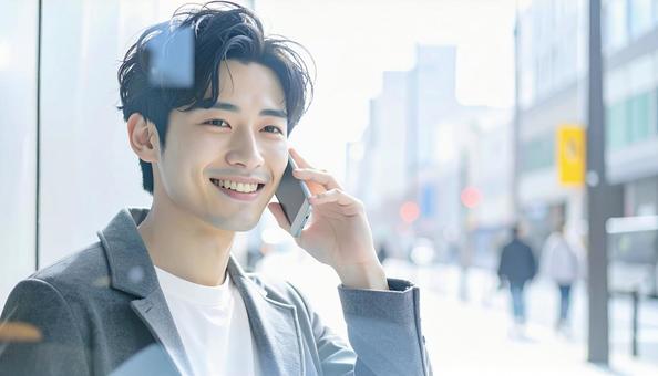 笑顔で電話する若者 笑顔で電話する若者の写真