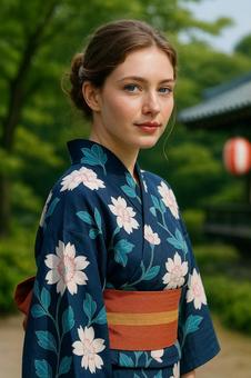 浴衣姿の外国人女性 浴衣姿の外国人女性の写真