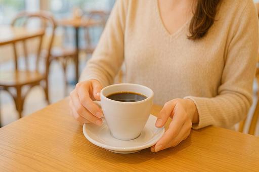 カフェでコーヒーを楽しむ女性の手元の写真
