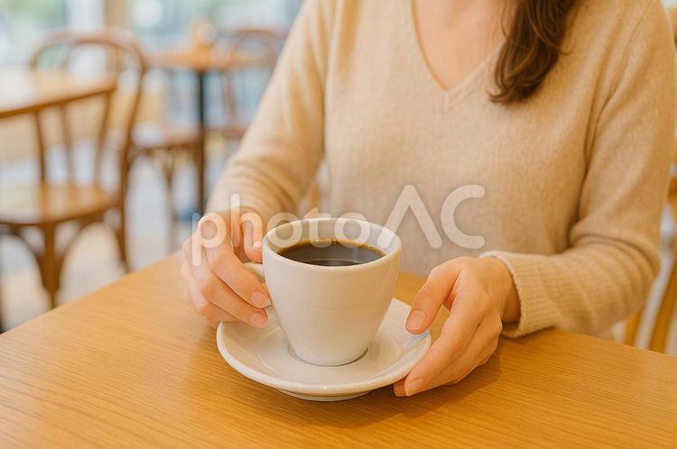 カフェでコーヒーを楽しむ女性の手元 カフェ,コーヒー,コーヒーカップの写真素材