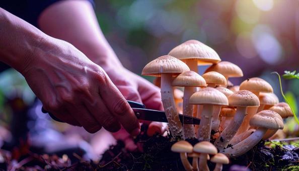 きのこ狩り キノコを収穫する女性の手 きのこ狩り キノコを収穫する女性の手の写真