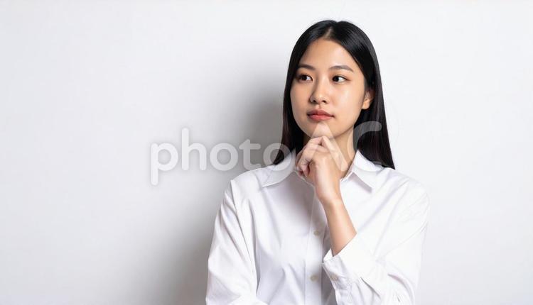 顎に手を添えて考える女性のポートレート 人物,女性,若いの写真素材