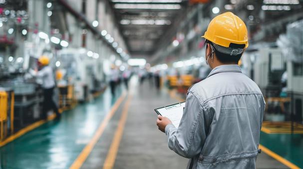 工場内で安全確認を行う日本人作業員の写真