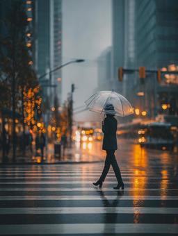 通勤風景:雨の日のビジネス街 通勤風景:雨の日のビジネス街の写真