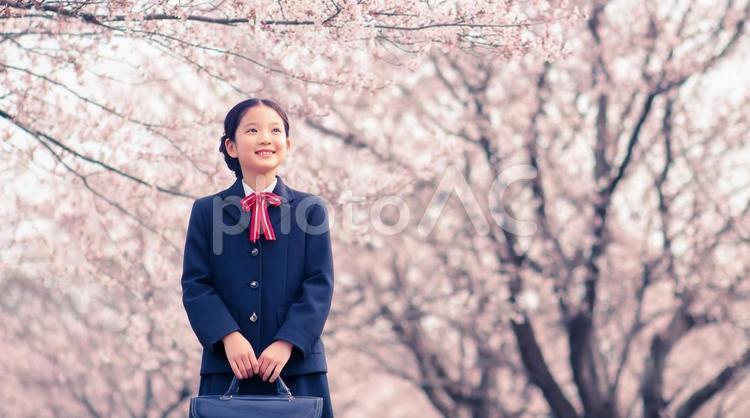 春の桜と笑顔の新入生・入学式・新生活 入学式,新入生,桜の写真素材