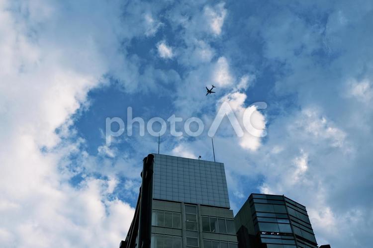 新宿、初夏の空　飛行機 新宿,空,雲の写真素材
