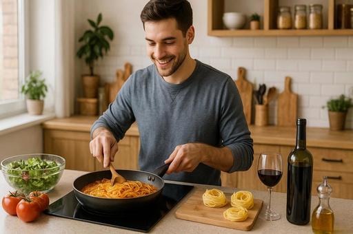 笑顔で作るパスタ料理 笑顔で作るパスタ料理の写真