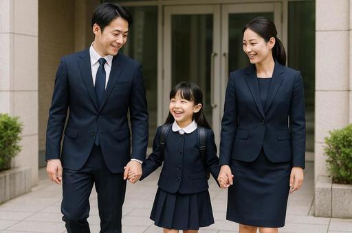 小学校受験に向かう家族 小学校受験に向かう家族の写真