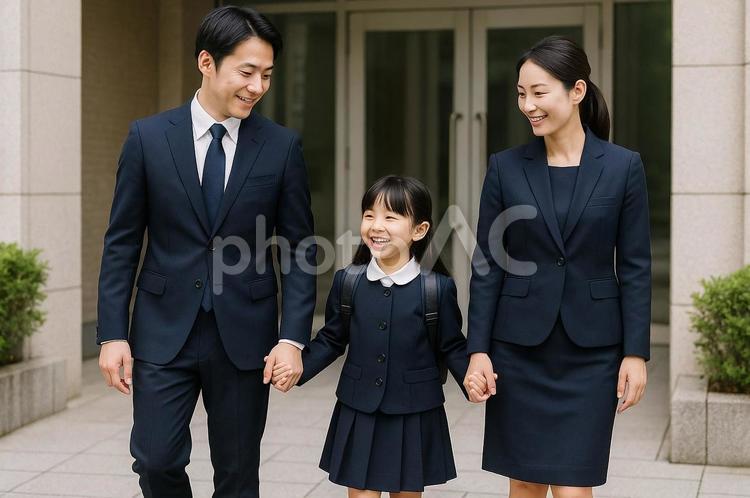 小学校受験に向かう家族 受験,小学校,小学校受験の写真素材