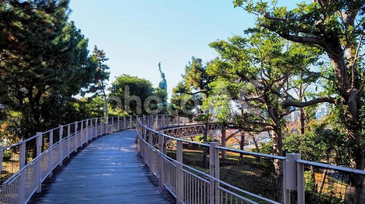お台場の散策路＆自由の女神像（東京都） 冬,お台場海浜公園,遊歩道の写真素材