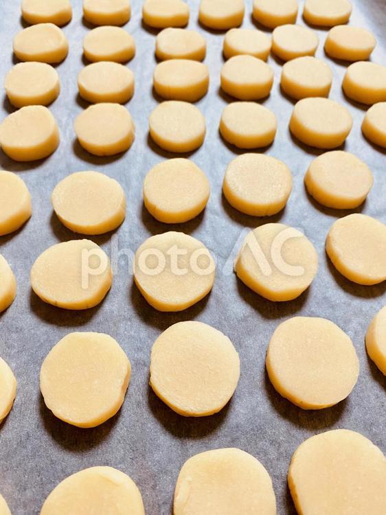 鉄板に並んだ焼く前の丸クッキー生地 クッキー,手作り,お菓子の写真素材