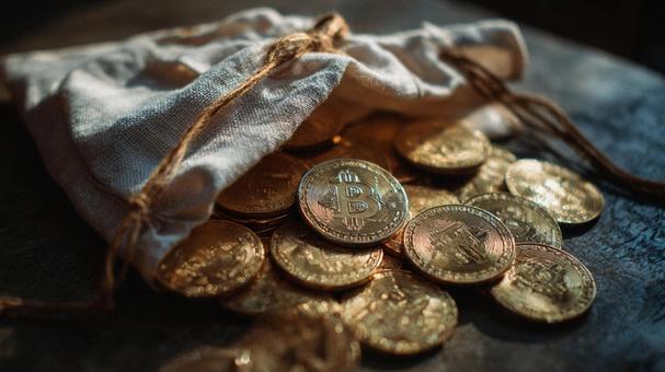 光り輝くビットコインが詰まった戦利品袋 光り輝くビットコインが詰まった戦利品袋の写真