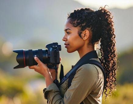 カメラで撮影をする女性 カメラで撮影をする女性の写真