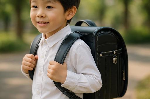 新品のランドセルを背負う男の子 新品のランドセルを背負う男の子の写真