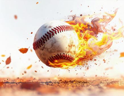 剛速球で炎をまとって飛ぶ野球ボールの写真