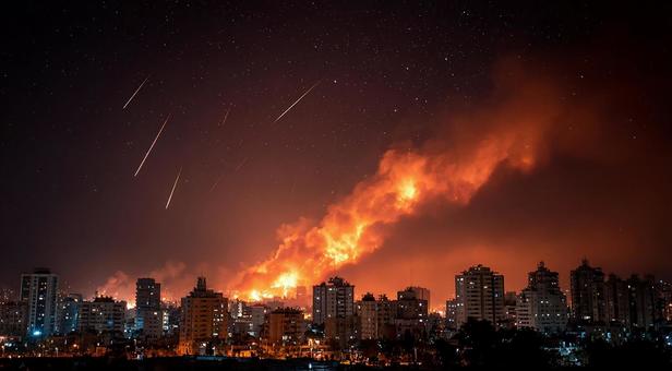 夜空を彩る光の帯と地上の煙 夜空を彩る光の帯と地上の煙の写真