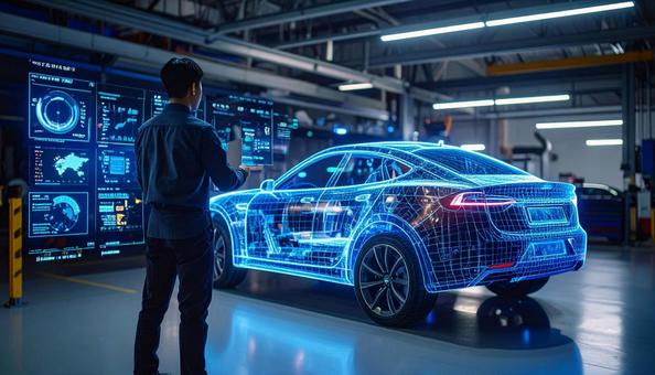 車にホログラムを投影して整備工場 車にホログラムを投影して整備工場の写真