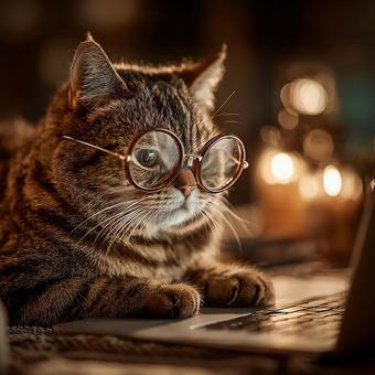 知的な雰囲気の猫とデジタル機器の写真