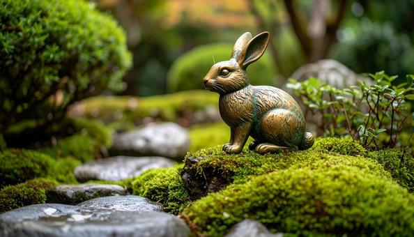 和風庭園の銅像うさぎ 和風庭園の銅像うさぎの写真
