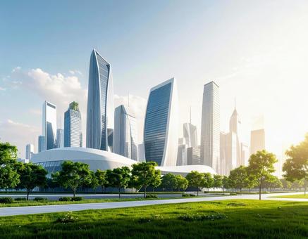 幾何学的建築が並ぶミニマル未来型都市風景の写真