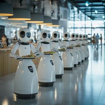 フードコートで活躍する配膳ロボット フードコートで活躍する配膳ロボットの写真