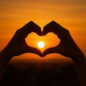 夕日でハートを作る女性の手 夕日でハートを作る女性の手の写真