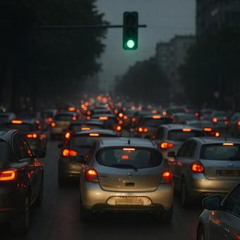 夜明け前の渋滞信号 夜明け前の渋滞信号の写真