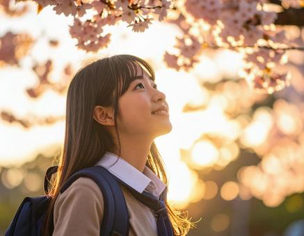春の桜を見上げる女子高校生の笑顔 春の桜を見上げる女子高校生の笑顔の写真
