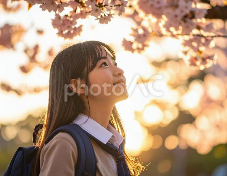 春の桜を見上げる女子高校生の笑顔 女子高校生,桜,春の写真素材