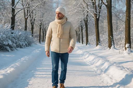冬の雪道を歩く男性・散歩・寒さ対策・防寒 冬の雪道を歩く男性・散歩・寒さ対策・防寒の写真