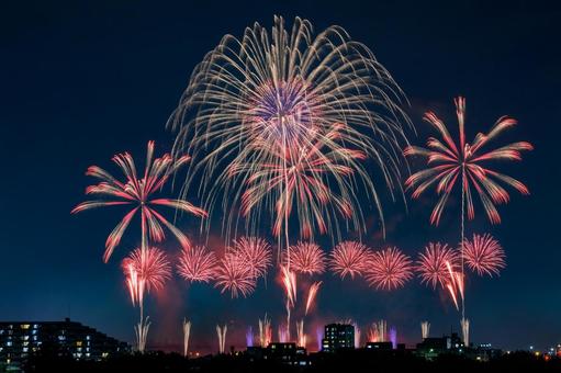夜空に広がる色とりどりのスターマイン 夜空に広がる色とりどりのスターマイン 花火,打ち上げ花火,花火大会の写真素材