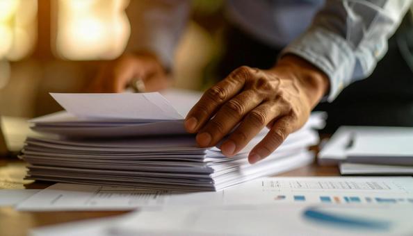 重なった白いコピー用紙をめくる手の写真