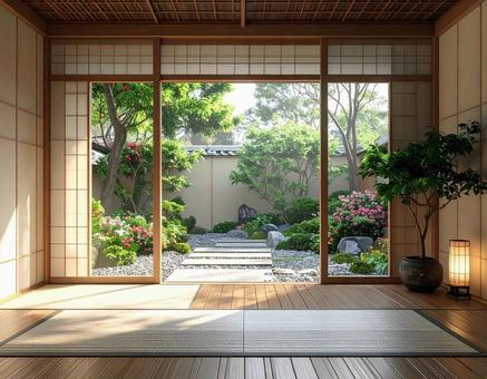 坪庭が見える玄関ホールの写真