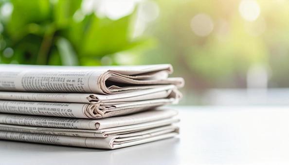 テーブルに積まれた新聞紙 テーブルに積まれた新聞紙の写真