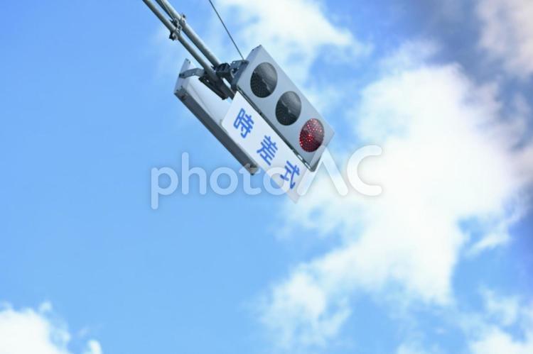 時差式信号 空,晴れ,信号機の写真素材